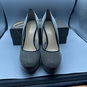 Enzo Angiolini Black and Silver Peep-Toe Heels